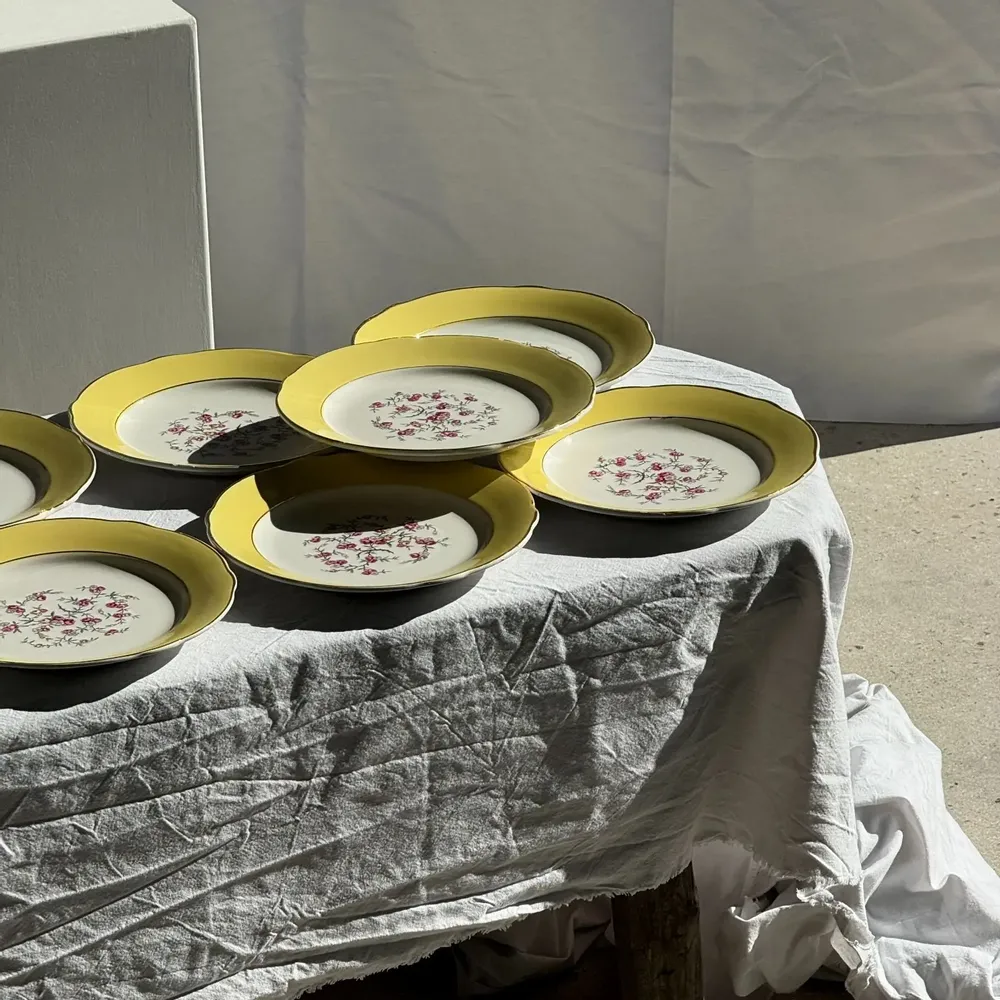 Formal plates - Set of 19 large vintage yellow dinner plates with pink flowers and bor - OFFICE OBJETS