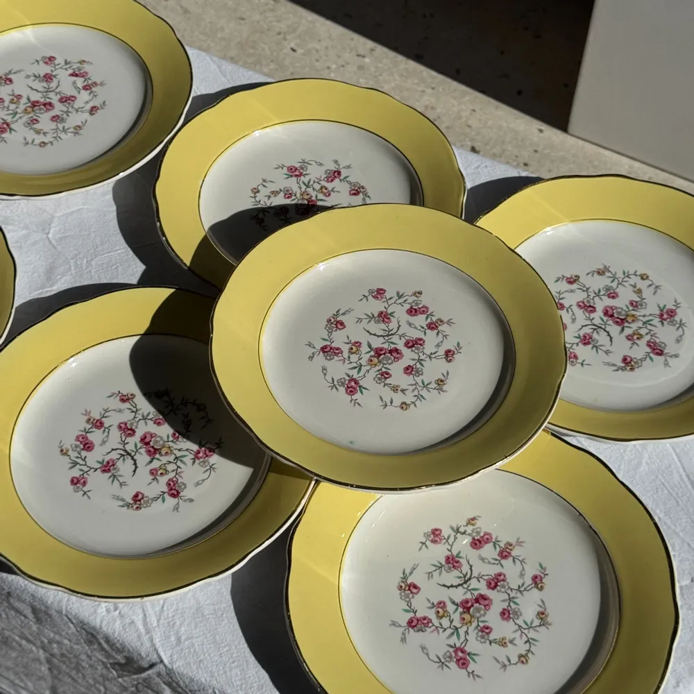 Formal plates - Set of 19 large vintage yellow dinner plates with pink flowers and bor - OFFICE OBJETS