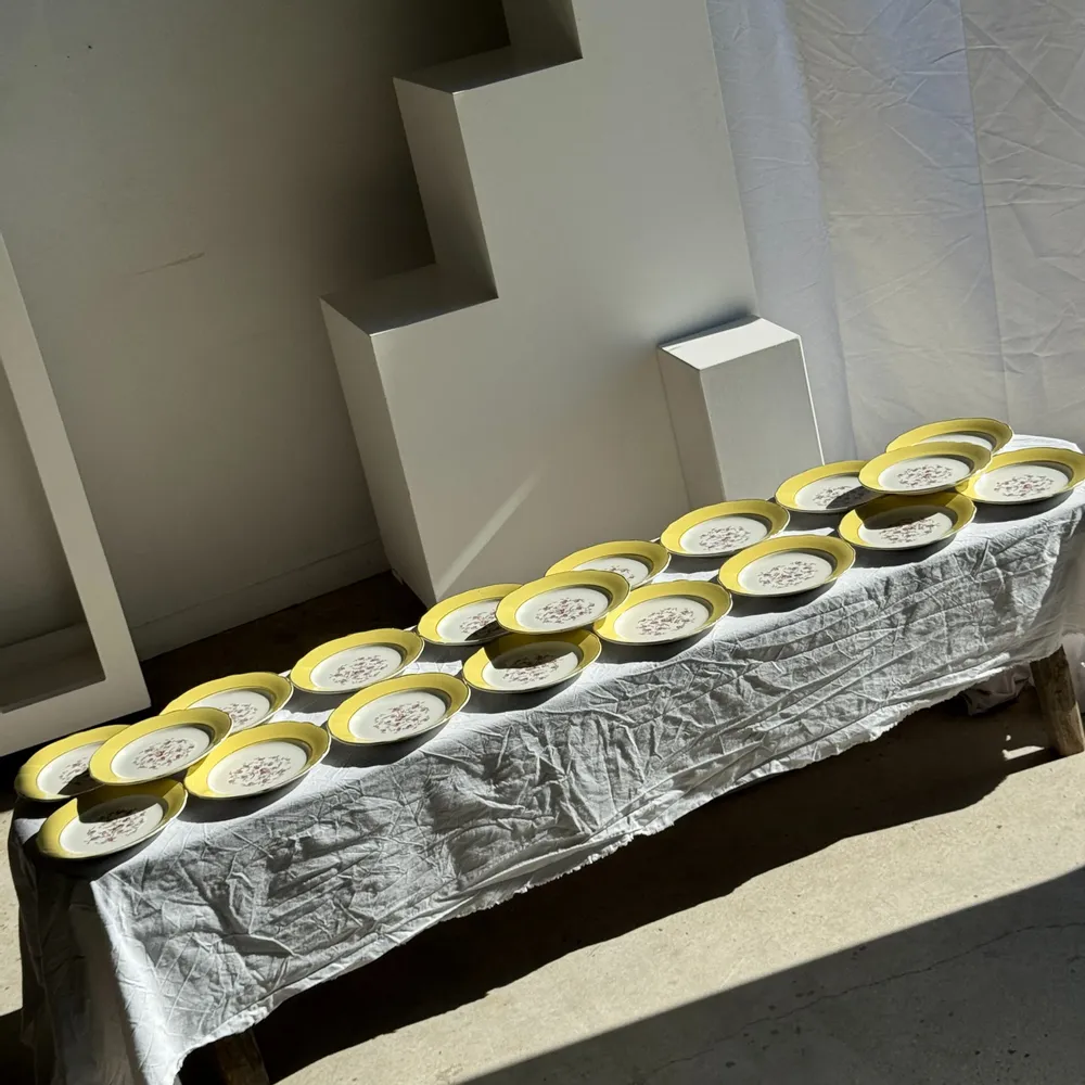Formal plates - Set of 19 large vintage yellow dinner plates with pink flowers and bor - OFFICE OBJETS