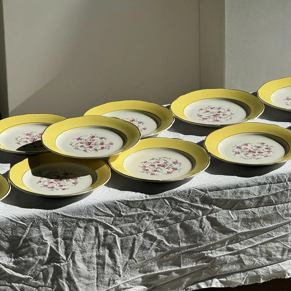 Formal plates - Set of 19 large vintage yellow dinner plates with pink flowers and bor - OFFICE OBJETS