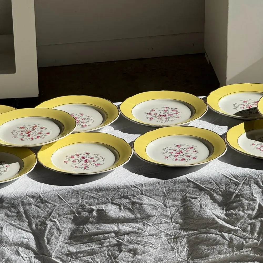Formal plates - Set of 19 large vintage yellow dinner plates with pink flowers and bor - OFFICE OBJETS