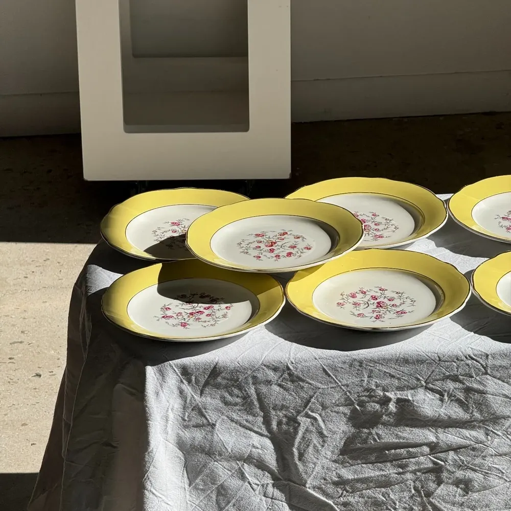 Formal plates - Set of 19 large vintage yellow dinner plates with pink flowers and bor - OFFICE OBJETS