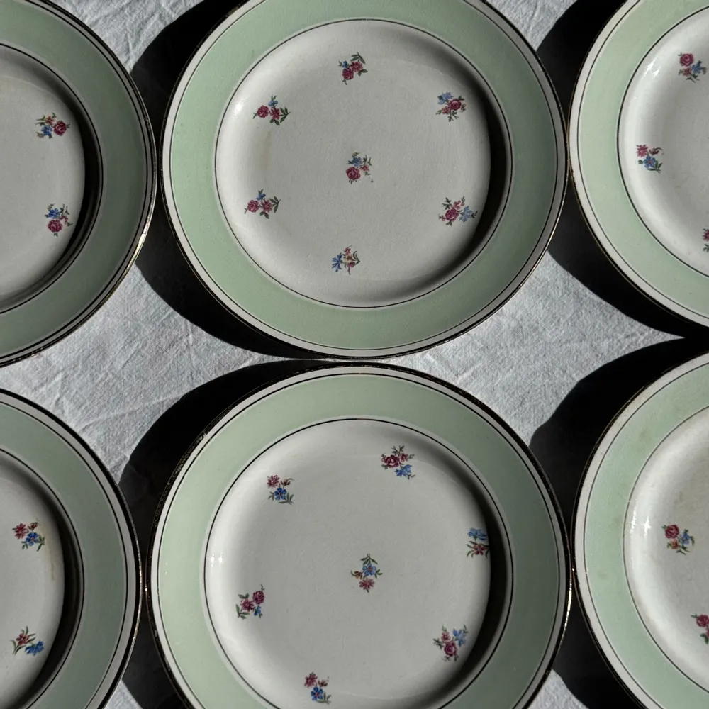 Assiettes au quotidien - Lot de 15 assiettes plates vintage turquoises liseré doré fleurs roses - OFFICE OBJETS