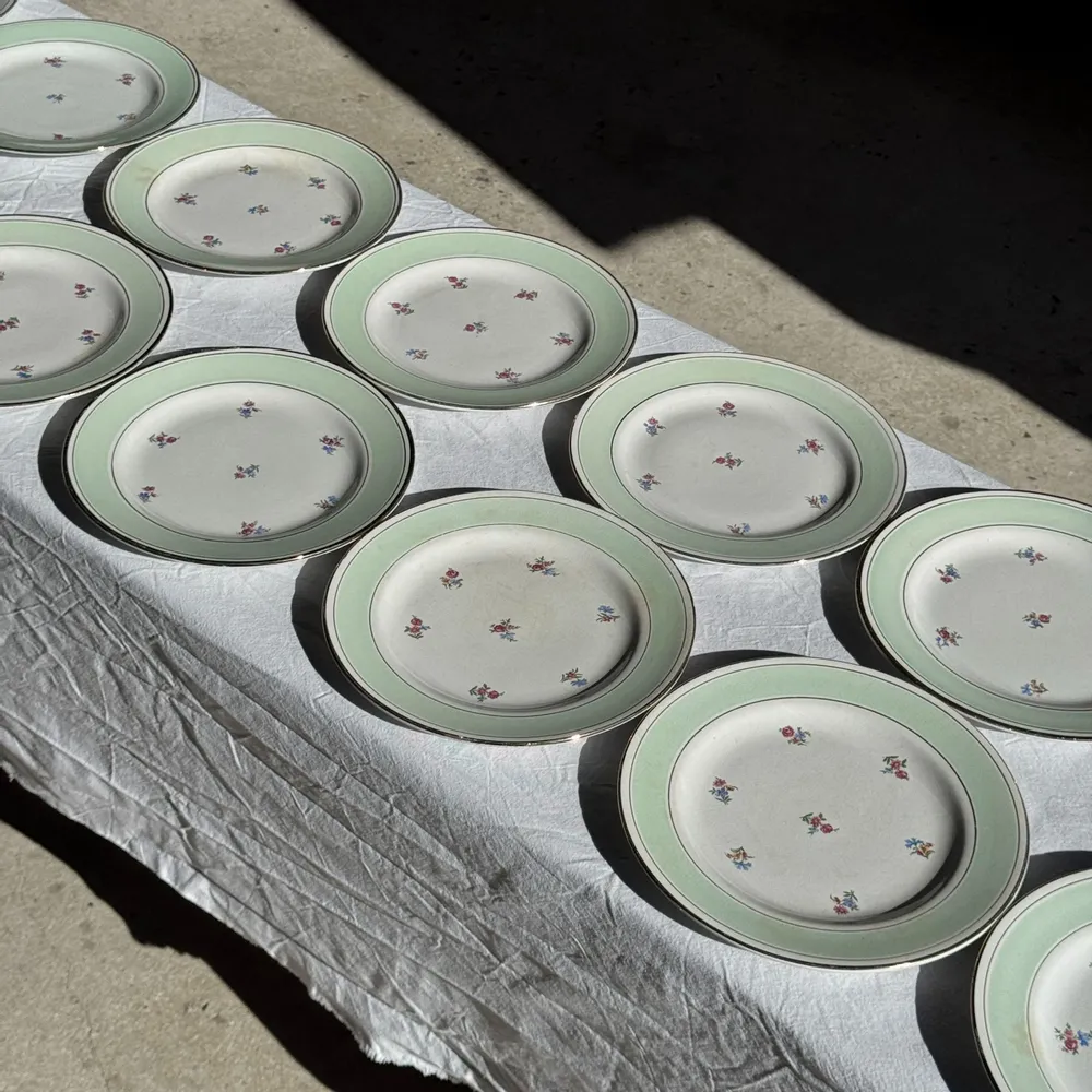 Assiettes au quotidien - Lot de 15 assiettes plates vintage turquoises liseré doré fleurs roses - OFFICE OBJETS