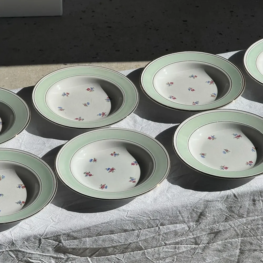 Assiettes de réception - Lot de 9 assiettes creuses vintage turquoises liseré doré fleurs roses - OFFICE OBJETS