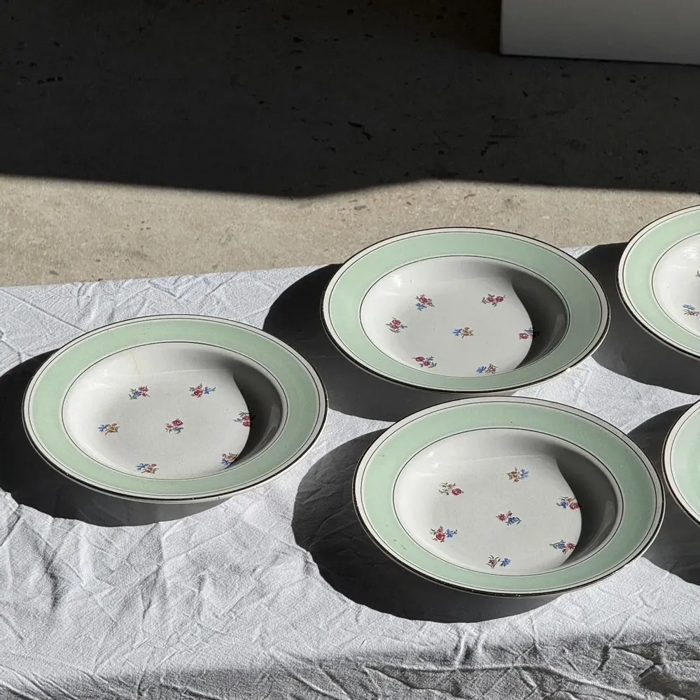 Assiettes de réception - Lot de 9 assiettes creuses vintage turquoises liseré doré fleurs roses - OFFICE OBJETS