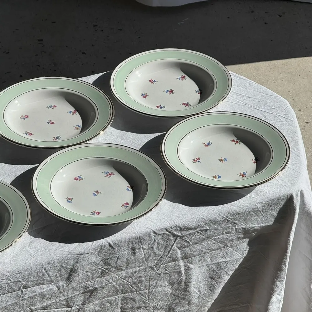 Assiettes de réception - Lot de 9 assiettes creuses vintage turquoises liseré doré fleurs roses - OFFICE OBJETS