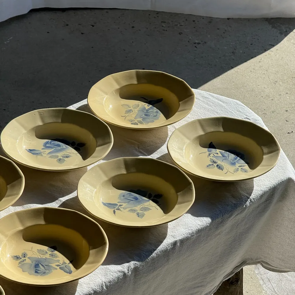 Everyday plates - Set of 12 Digoin Sarreguemines beige pink blue soup plates - OFFICE OBJETS