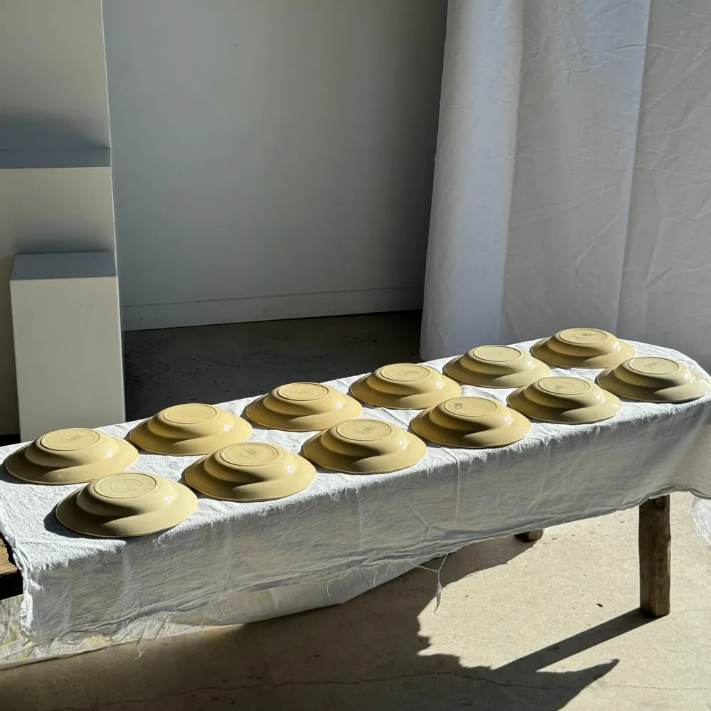 Everyday plates - Set of 12 Digoin Sarreguemines beige pink blue soup plates - OFFICE OBJETS