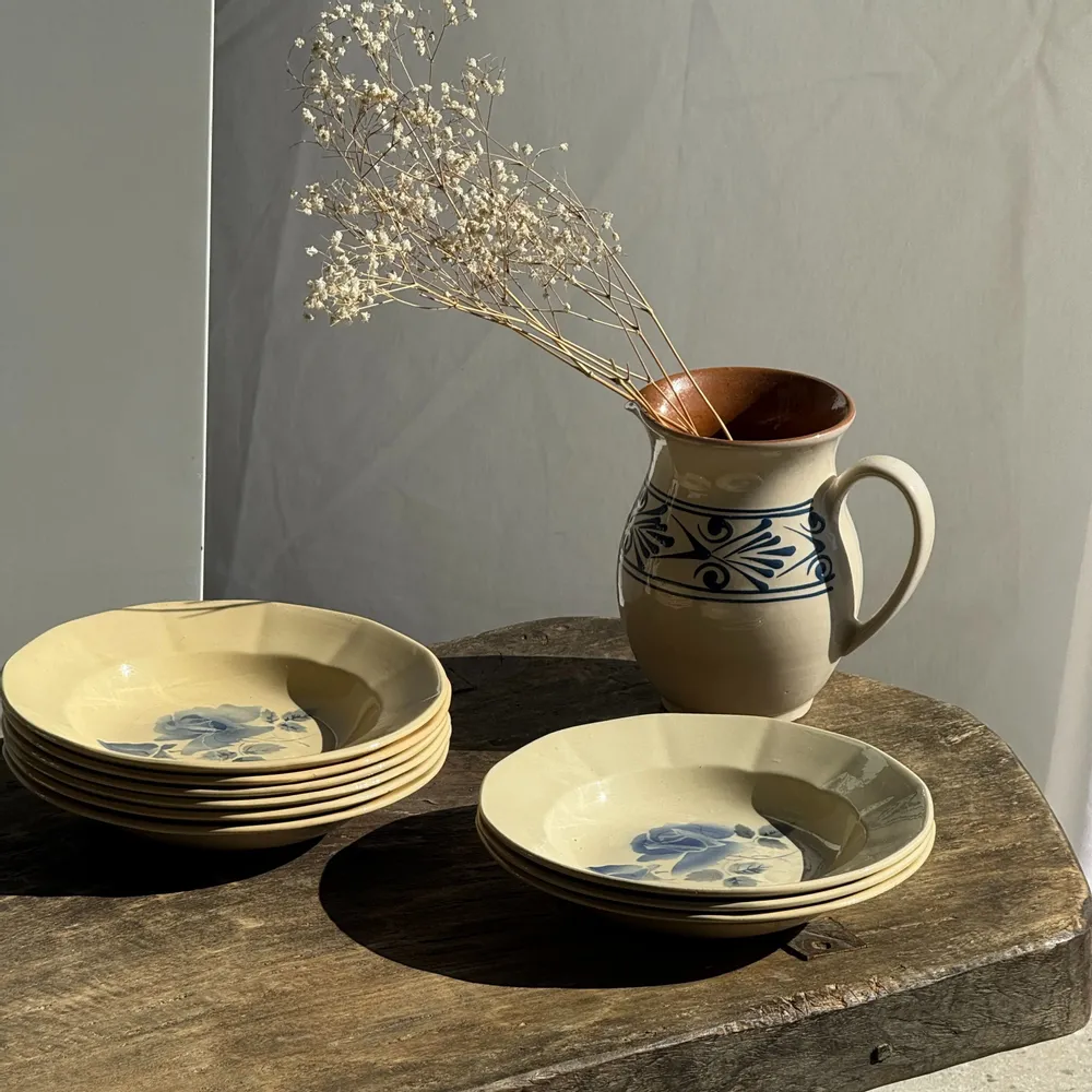 Everyday plates - Set of 12 Digoin Sarreguemines beige pink blue soup plates - OFFICE OBJETS