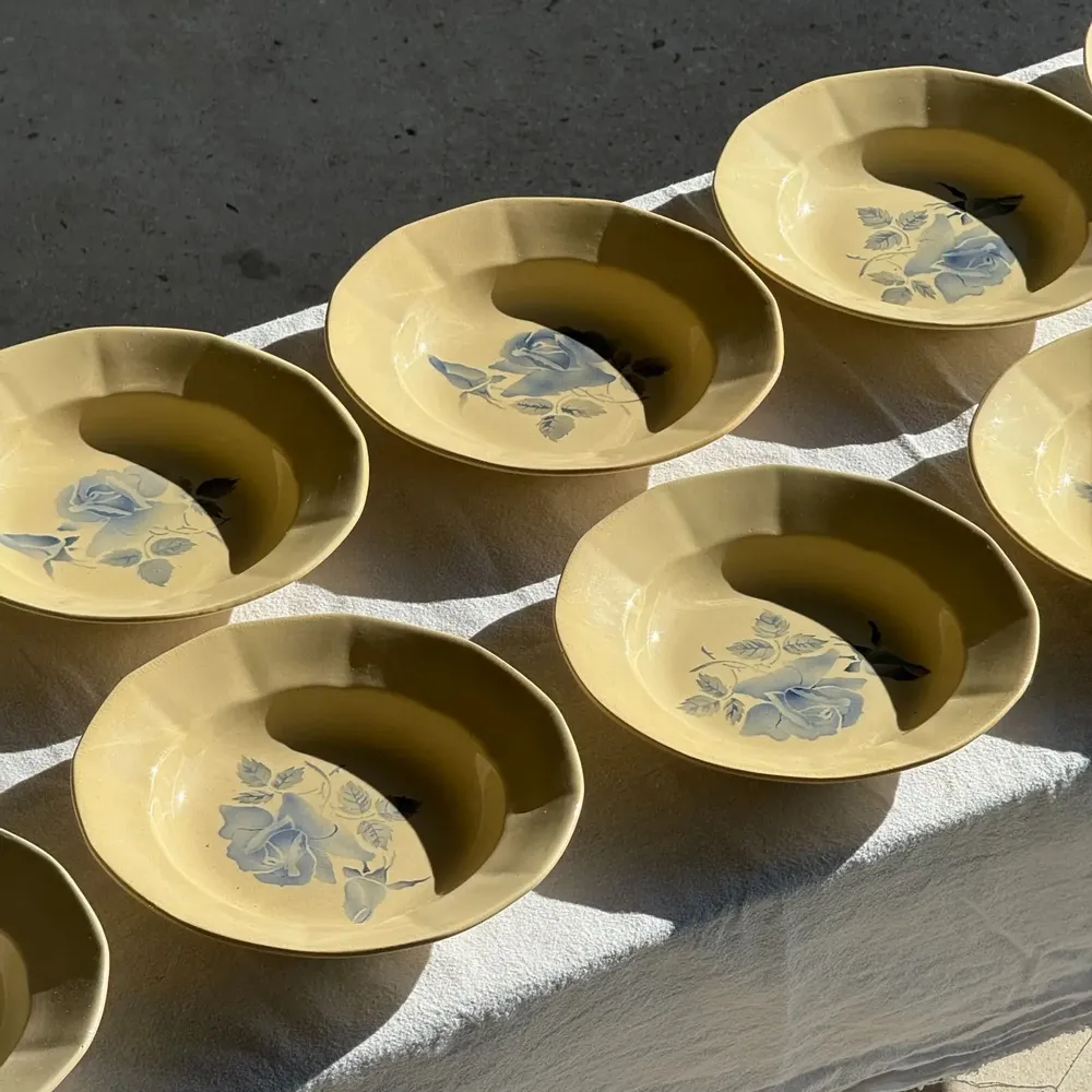 Everyday plates - Set of 12 Digoin Sarreguemines beige pink blue soup plates - OFFICE OBJETS