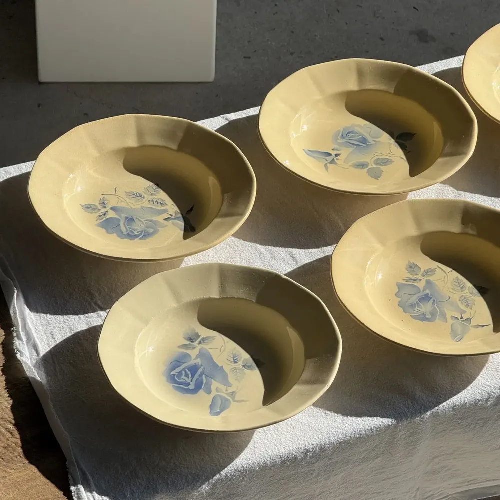 Everyday plates - Set of 12 Digoin Sarreguemines beige pink blue soup plates - OFFICE OBJETS