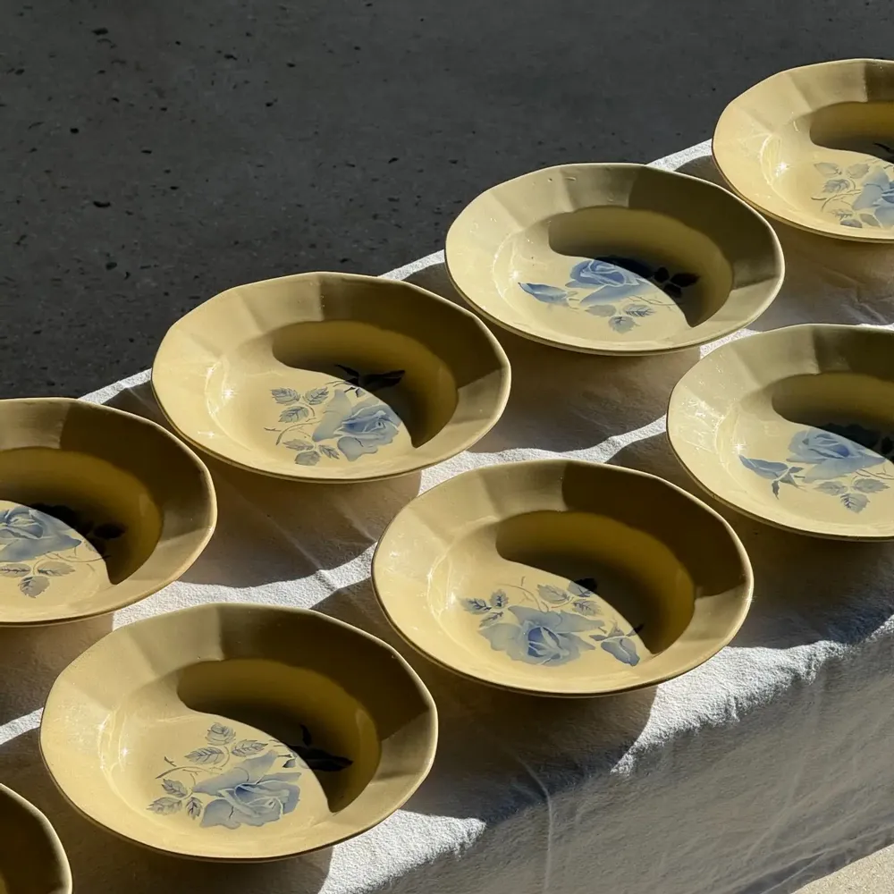 Everyday plates - Set of 12 Digoin Sarreguemines beige pink blue soup plates - OFFICE OBJETS