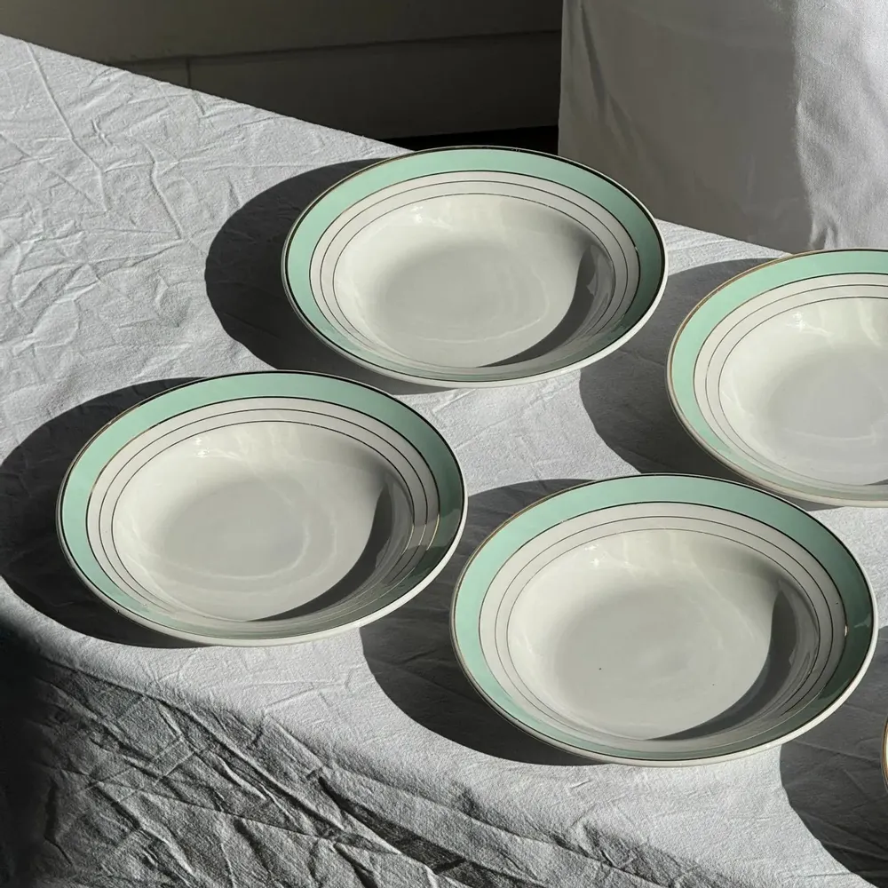 Formal plates - Set of 8 antique turquoise soup plates with gold border D22.5 - OFFICE OBJETS