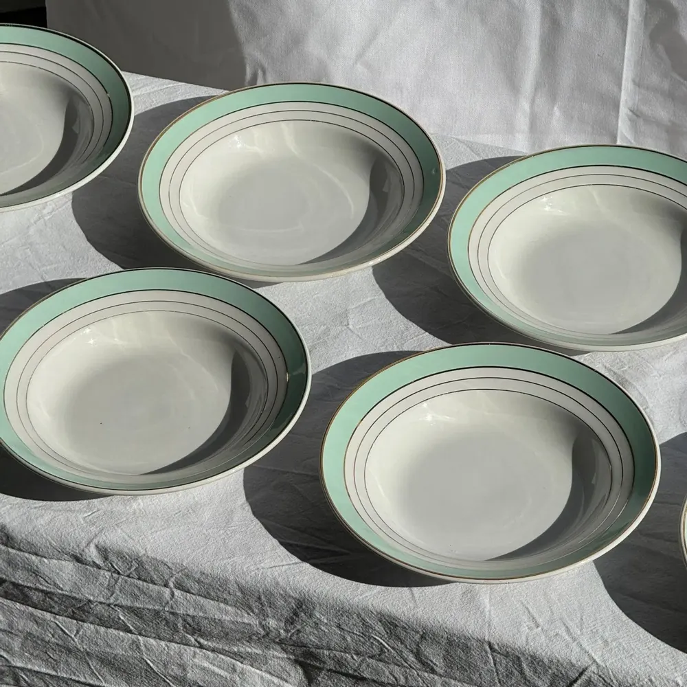 Formal plates - Set of 8 antique turquoise soup plates with gold border D22.5 - OFFICE OBJETS