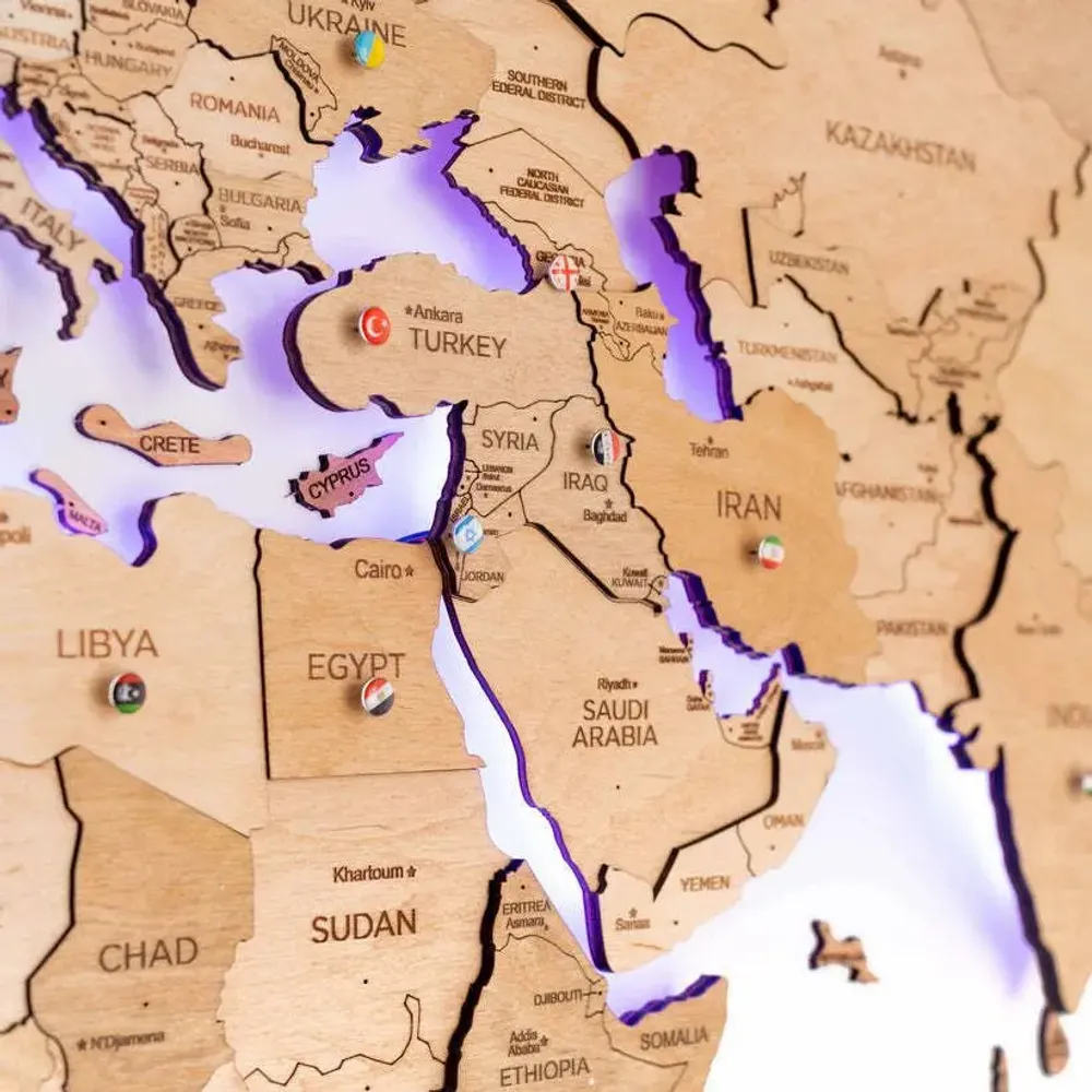 Autres décorations murales - Carte du Monde en Bois 3D LED 3.0 Prime Or 2XL UE Droite - ENJOY THE WOOD