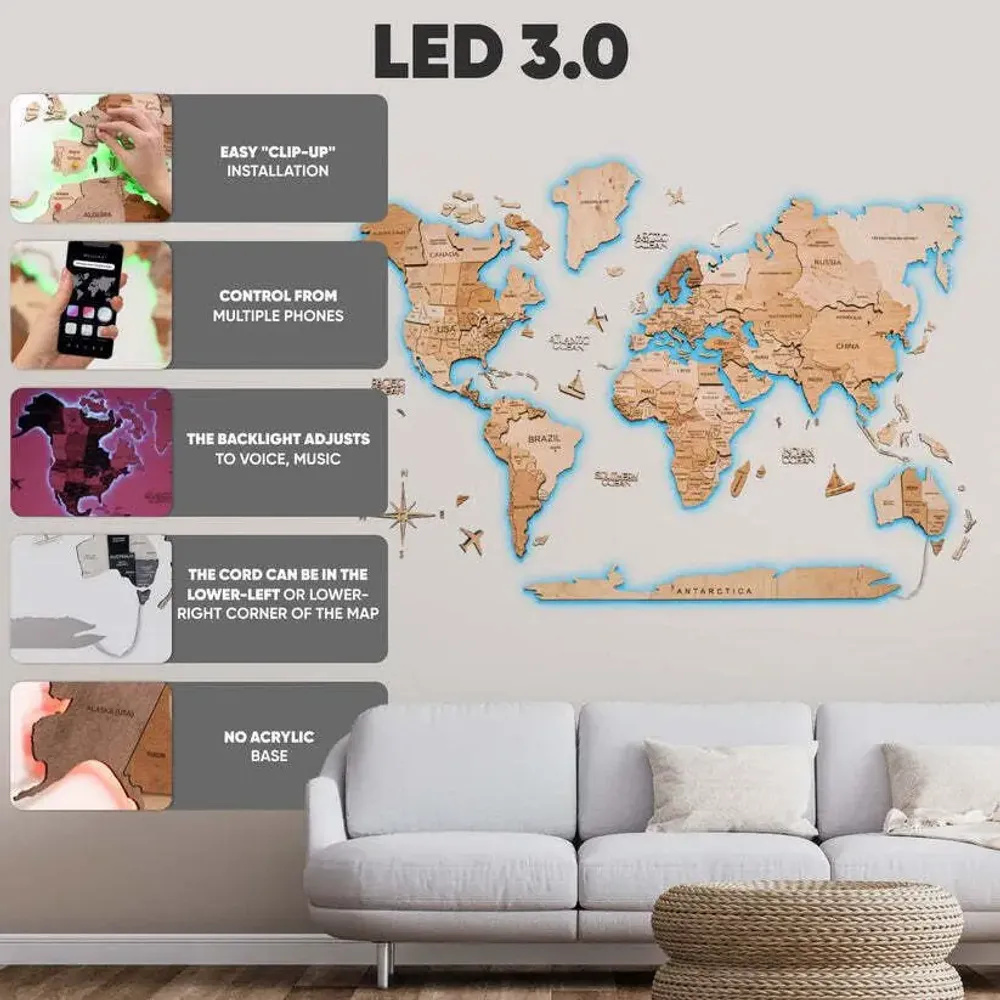 Autres décorations murales - Carte du Monde en Bois 3D LED 3.0 Prime Plus Or 3XL USA Droite - ENJOY THE WOOD