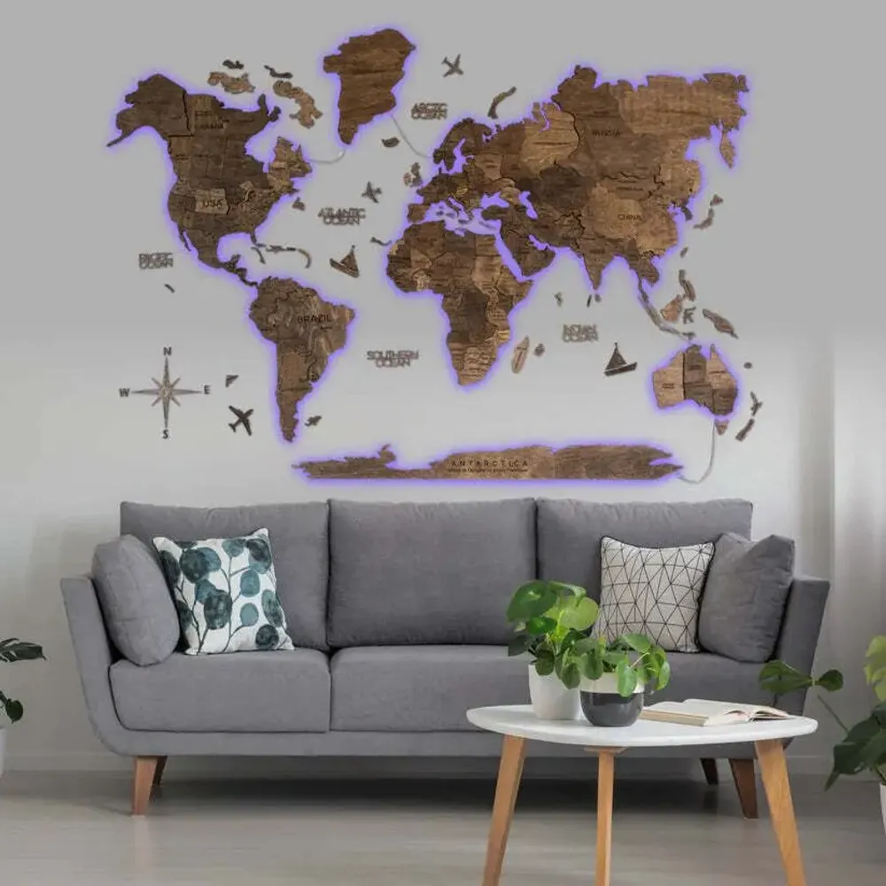 Autres décorations murales - Carte du Monde en Bois 3D LED 3.0 Prime Noyer Foncé XL UE Droite - ENJOY THE WOOD