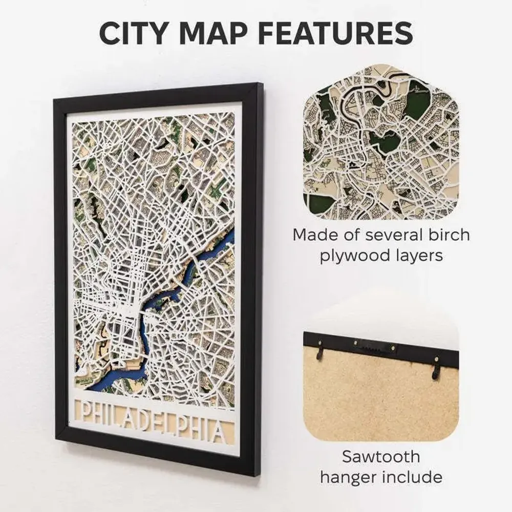 Other wall decoration - 3D City Map 3.0 Philadelphia XL Black Frame - ENJOY THE WOOD