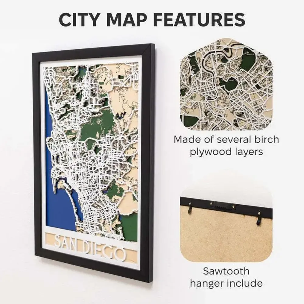 Other wall decoration - 3D City Map 3.0 San Diego XL Black Frame - ENJOY THE WOOD