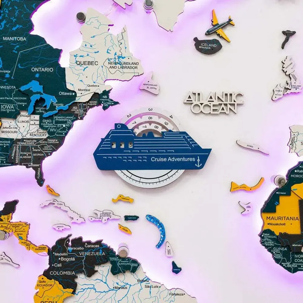 Objets de décoration - Carte du Monde en Bois Colorée 3D Travel Tracker Cruise Liner - Aqua - ENJOY THE WOOD