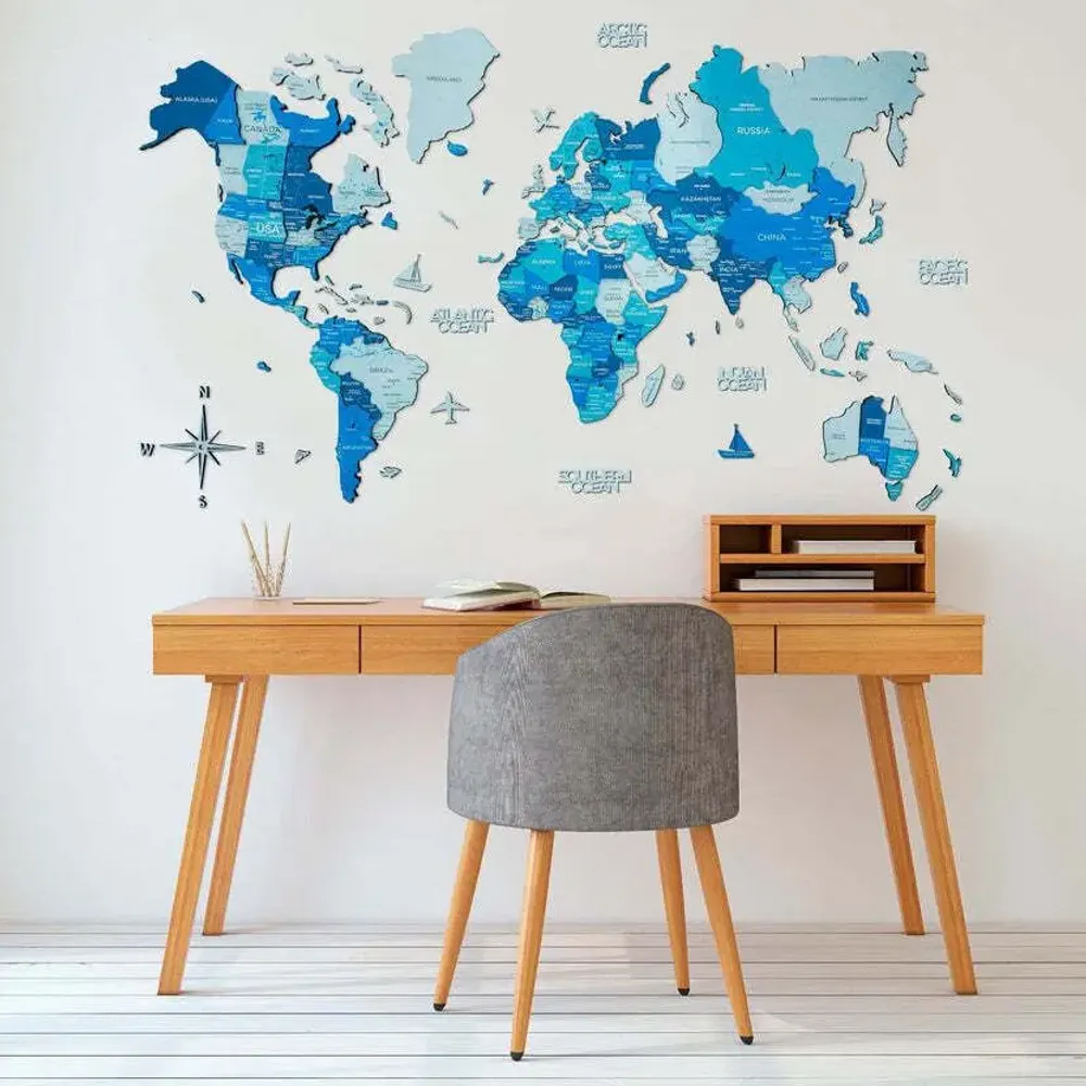 Other wall decoration - World Wooden Map Colored 3D XL Blank Azure Lum - ENJOY THE WOOD