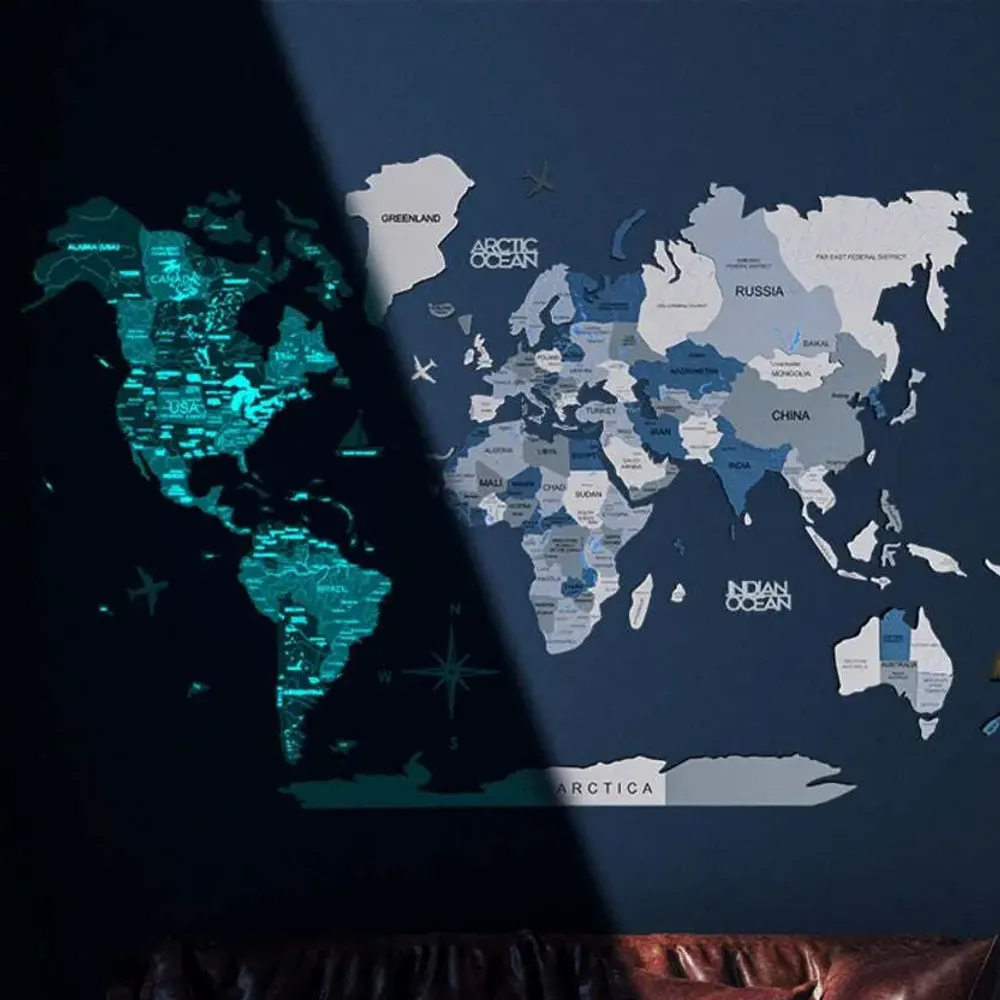 Other wall decoration - World Wooden Map Colored 3D 2XL Prime Aqua Lum - ENJOY THE WOOD