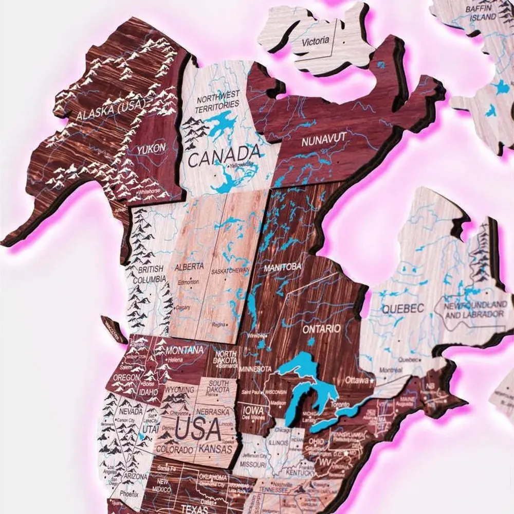 Autres décorations murales - Carte en Bois du Monde Colorée 3D L Prime Plus Cappuccino Lum LED 3.0 - ENJOY THE WOOD