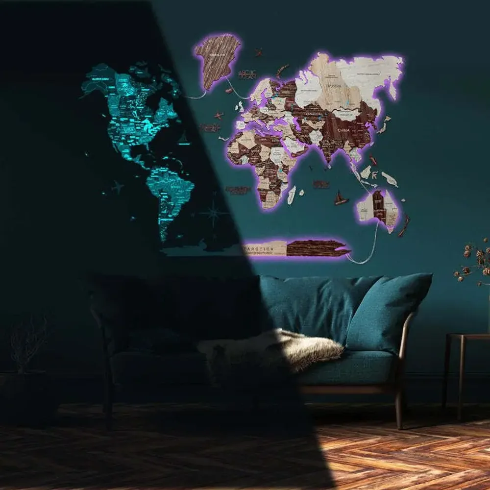 Autres décorations murales - Carte du Monde en Bois Colorée 3D M Prime Plus Cappuccino Lum LED 3.0 - ENJOY THE WOOD