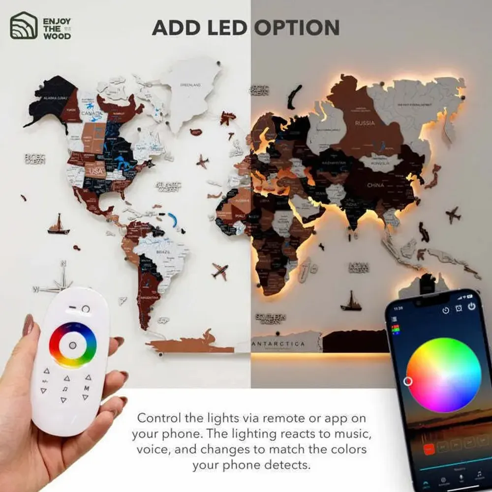 Autres décorations murales - Carte en Bois du Monde Colorée 3D XL Prime Rustique Lum LED 3.0 UE Droite - ENJOY THE WOOD