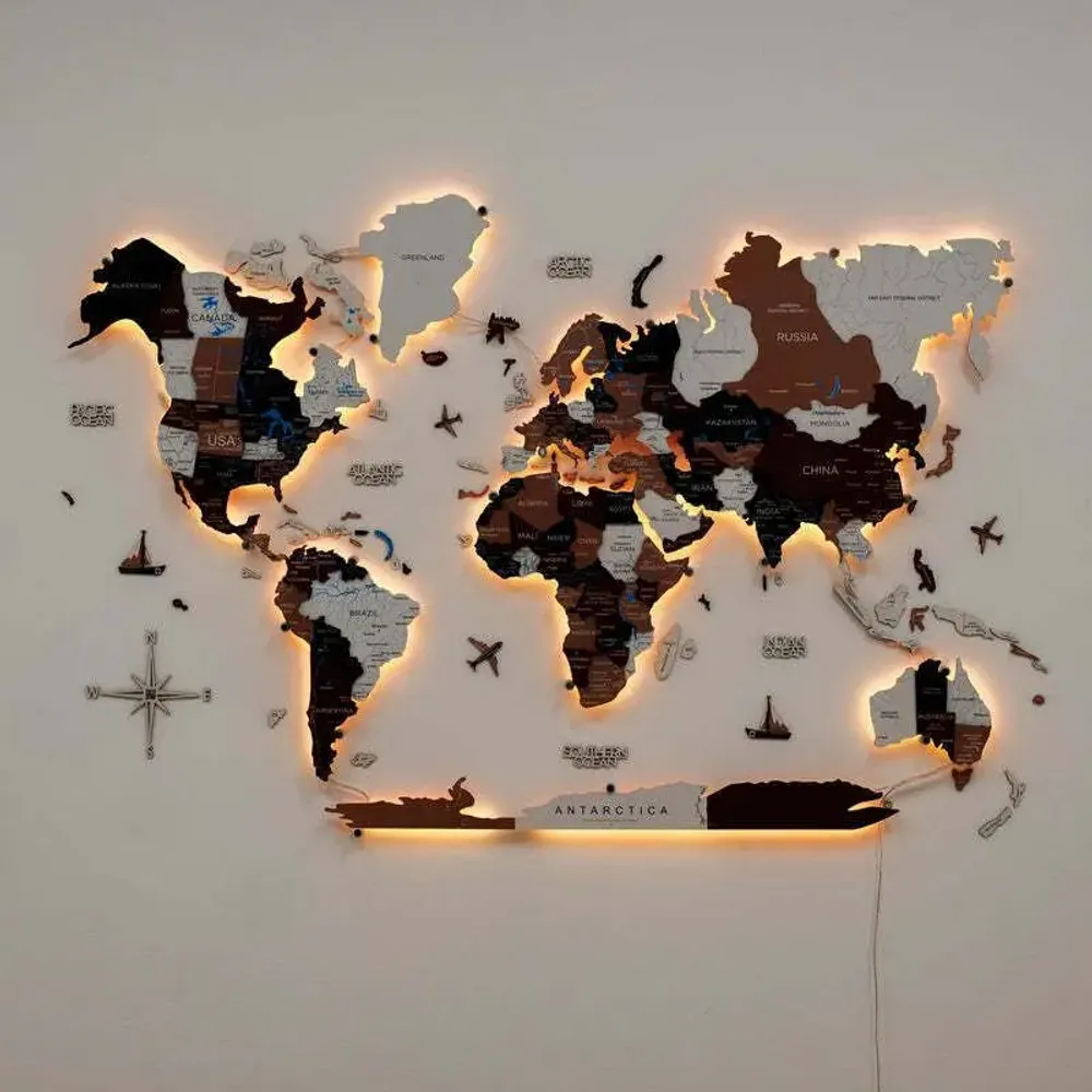 Other wall decoration - World Wooden Map Colored 3D XL Prime Plus Rustic Lum LED 3.0 EU Right - ENJOY THE WOOD