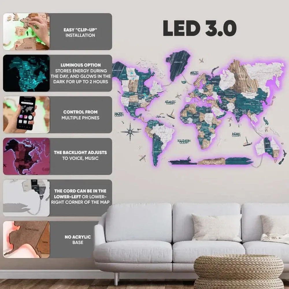 Other wall decoration - World Wooden Map Colored 3D M Prime Mystery Lum LED 3.0 EU Right - ENJOY THE WOOD