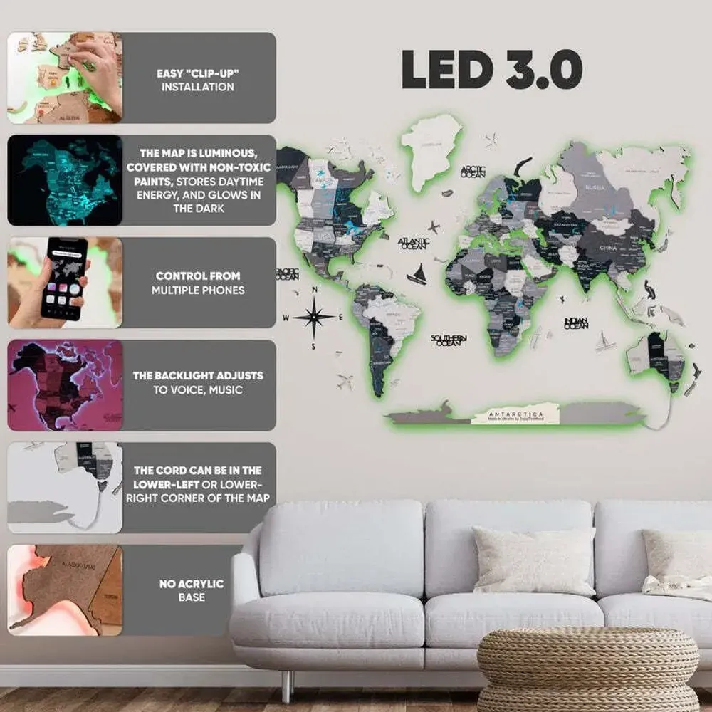 Autres décorations murales - Carte en Bois du Monde Colorée 3D L Prime Nordik Lum LED 3.0 UE Droite - ENJOY THE WOOD