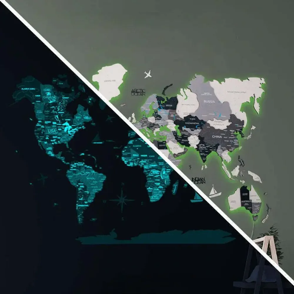 Autres décorations murales - Carte du Monde en Bois Colorée 3D L Prime Plus Nordik Lum LED 3.0 EU Droite - ENJOY THE WOOD