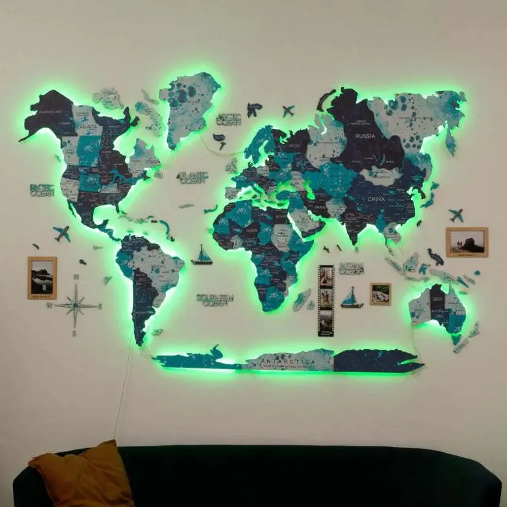 Other wall decoration - World Wooden Map Colored 3D M Prime Plus Ocean Lum LED 3.0 EU Right - ENJOY THE WOOD
