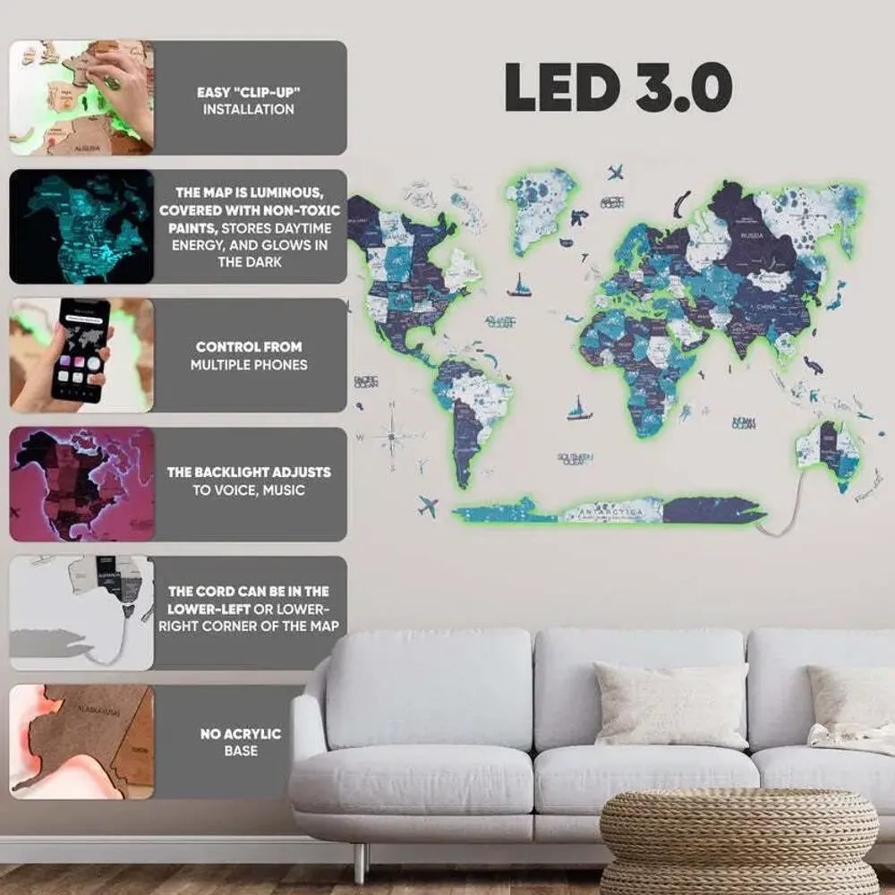 Other wall decoration - World Wooden Map Colored 3D L Prime Ocean Lum LED 3.0 EU Right - ENJOY THE WOOD