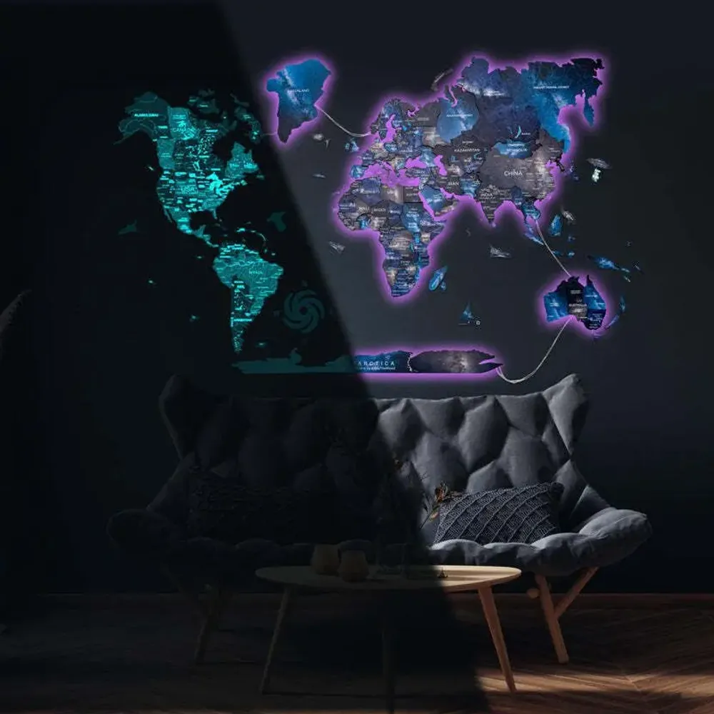 Other wall decoration - World Wooden Map Colored 3D L Prime Plus Space Lum LED 3.0 EU Right - ENJOY THE WOOD