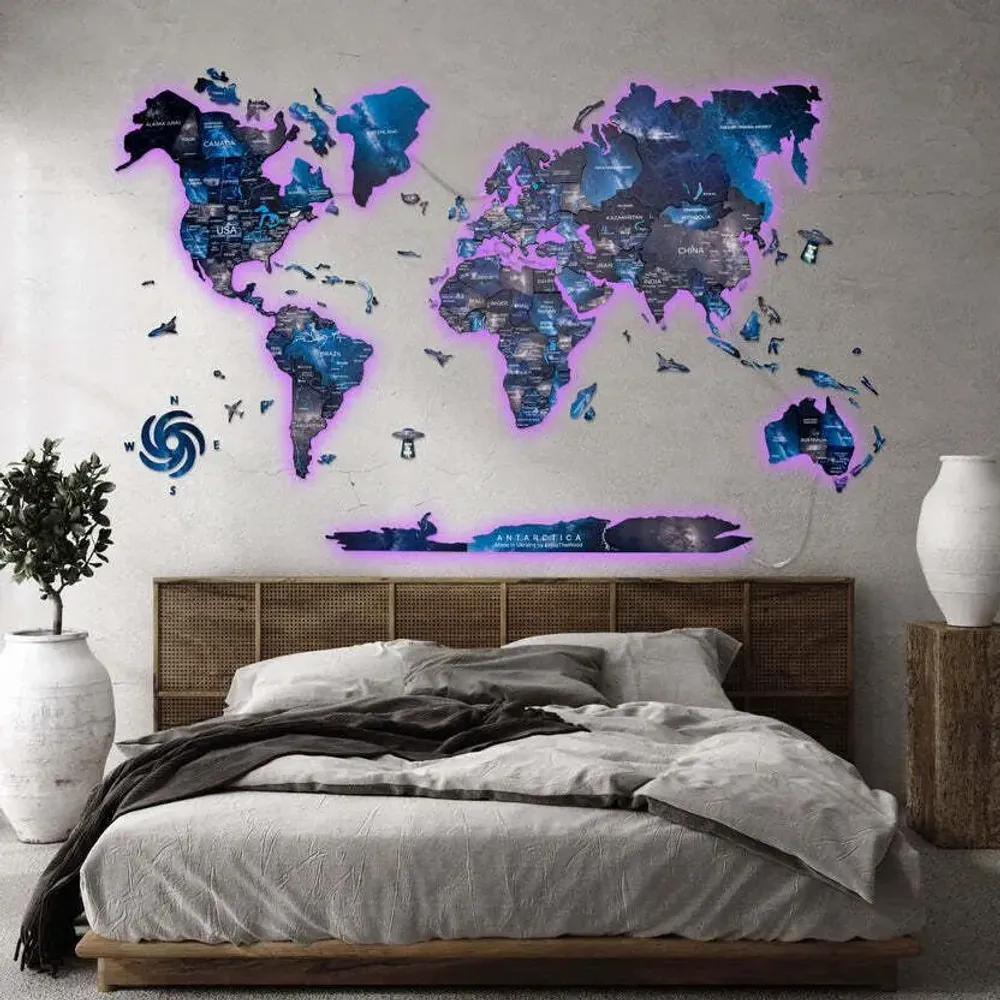 Other wall decoration - World Wooden Map Colored 3D L Prime Space Lum LED 3.0 EU Right - ENJOY THE WOOD