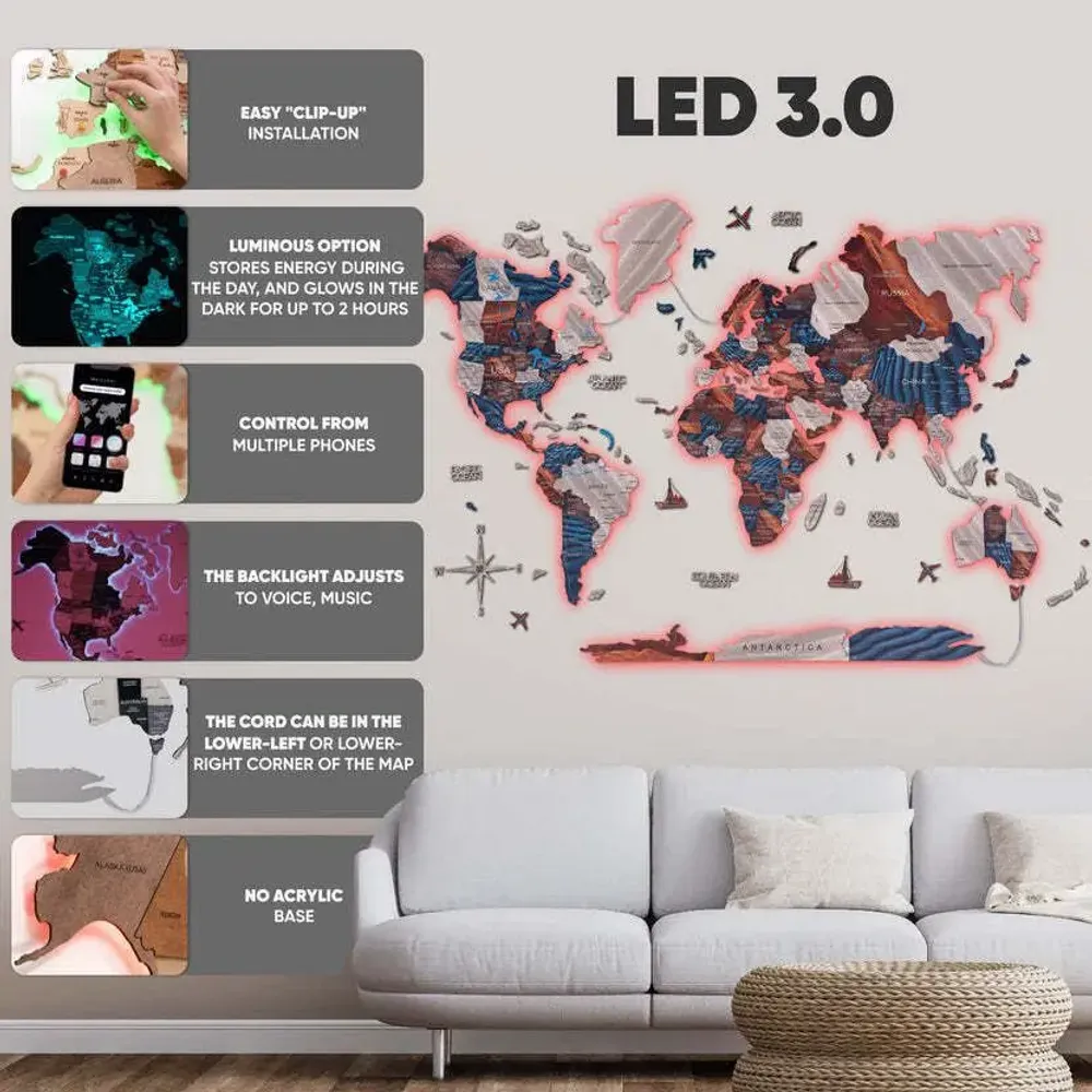 Other wall decoration - World Wooden Map Colored 3D M Prime Dune Lum LED 3.0 EU Right - ENJOY THE WOOD