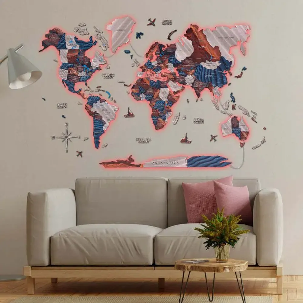 Other wall decoration - World Wooden Map Colored 3D M Prime Dune Lum LED 3.0 EU Right - ENJOY THE WOOD