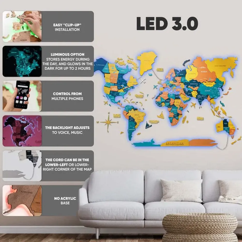 Other wall decoration - World Wooden Map Colored 3D M Prime Plus Indie Lum LED 3.0 EU Right - ENJOY THE WOOD