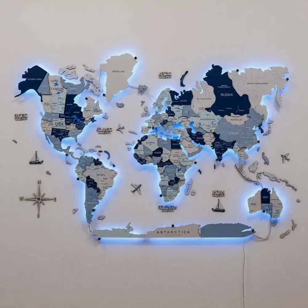 Other wall decoration - World Wooden Map Colored 3D M Prime Aqua Lum LED 3.0 EU Right - ENJOY THE WOOD