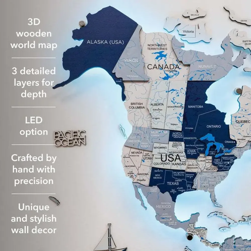 Other wall decoration - World Wooden Map Colored 3D XL Prime Aqua Lum LED 3.0 EU Right - ENJOY THE WOOD