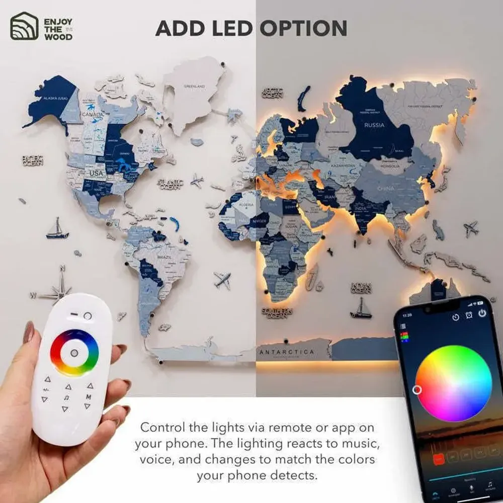 Other wall decoration - World Wooden Map Colored 3D XL Prime Aqua Lum LED 3.0 EU Right - ENJOY THE WOOD