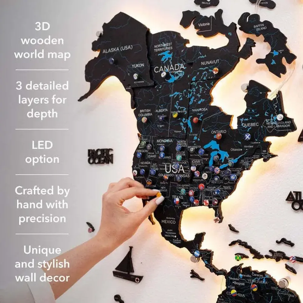 Autres décorations murales - Carte en Bois du Monde Colorée 3D L Prime Midnight Lum LED 3.0 EU Droite - ENJOY THE WOOD