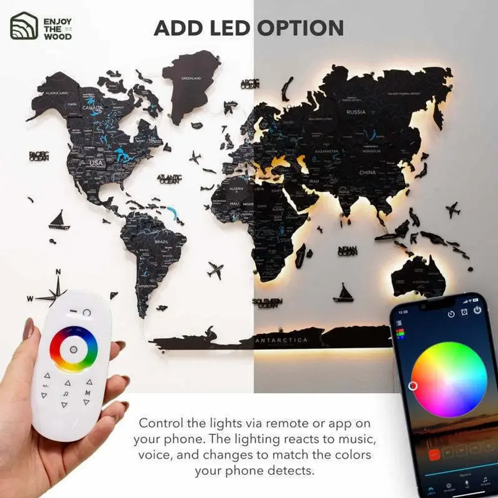 Autres décorations murales - Carte en Bois du Monde Colorée 3D L Prime Midnight Lum LED 3.0 EU Droite - ENJOY THE WOOD