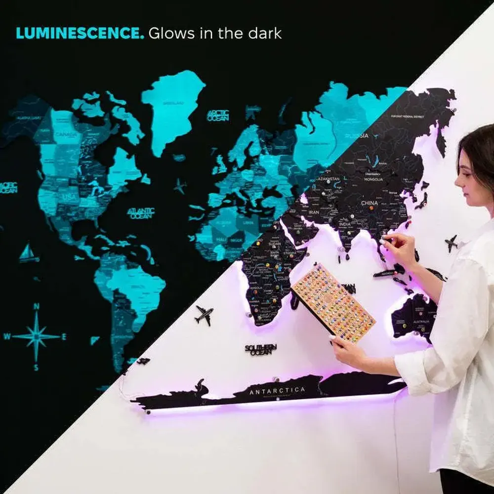 Other wall decoration - World Wooden Map Colored 3D XL Prime Midnight Lum LED 3.0 USA Right - ENJOY THE WOOD