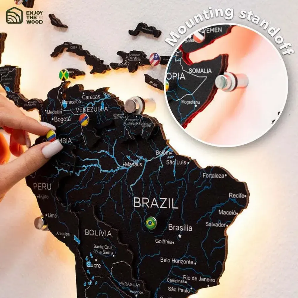 Other wall decoration - World Wooden Map Colored 3D XL Prime Midnight Lum LED 3.0 USA Right - ENJOY THE WOOD