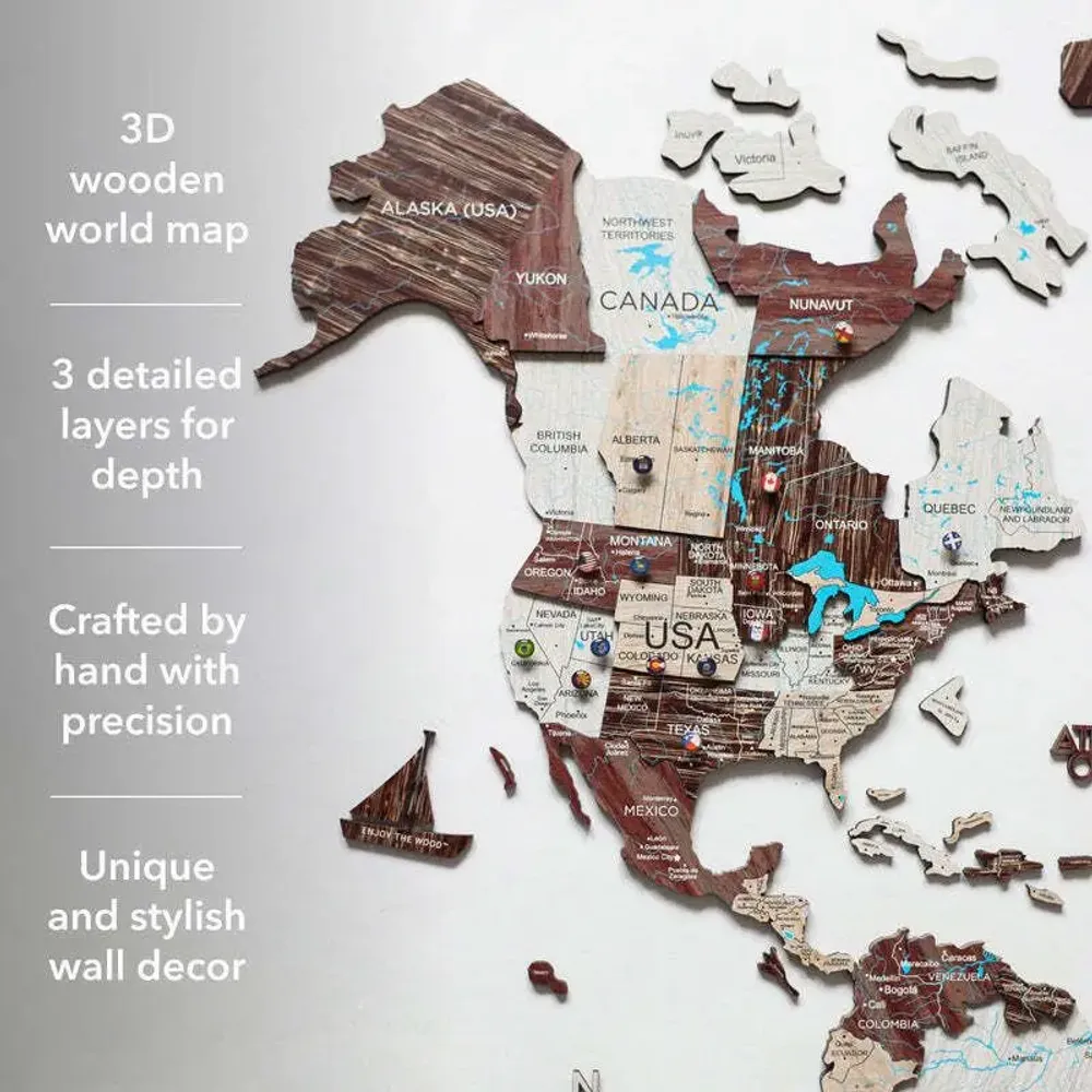 Other wall decoration - World Wooden Map Colored 3D M Prime Plus Cappuccino Lum - ENJOY THE WOOD