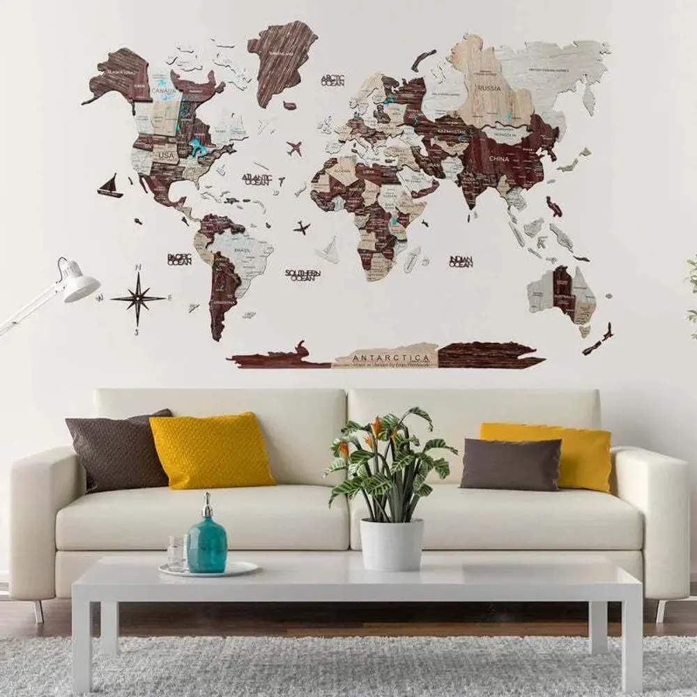 Other wall decoration - World Wooden Map Colored 3D XL Blank Cappuccino Lum - ENJOY THE WOOD